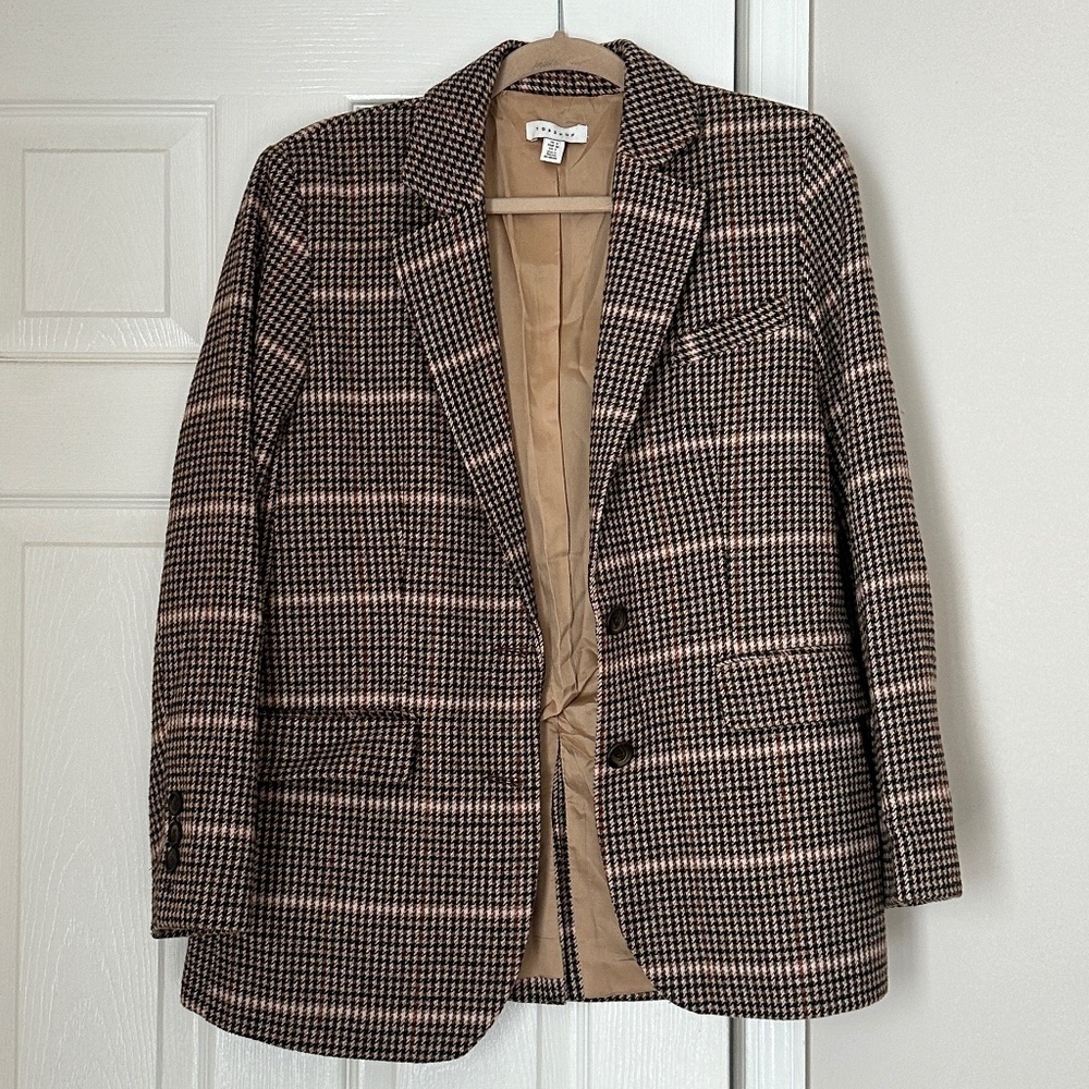Topshop Plaid Blazer Brown Cream Check Academia Wool Blend Size 4 Structured